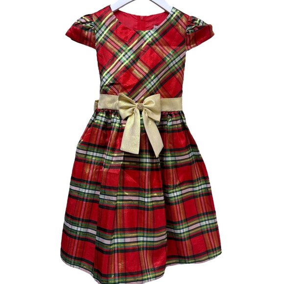 Rare Editions Holiday Dress Girls 6X Red Plaid Gold Bow Christmas Outfit Formal - Picture 1 of 12